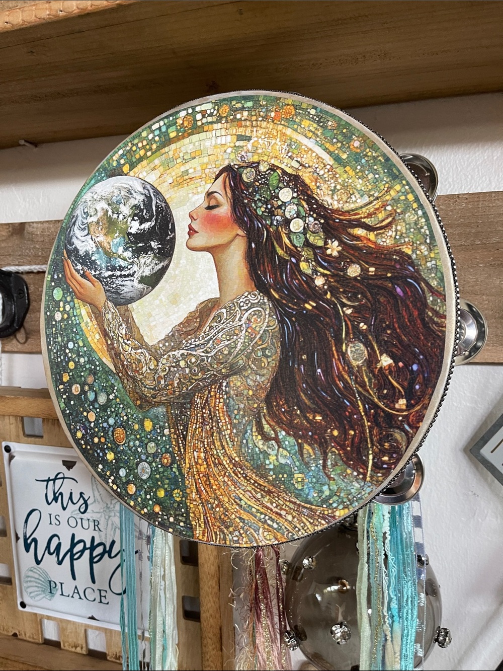 Decorative Round Tambourine with Woman Holding Earth - Green, Gold, Brown 10” - Picture 2 of 6